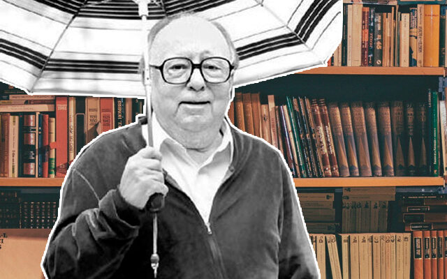 Imagen de Augusto Monterroso con una sombrilla para ilustrar su ensayo Cómo me deshice de quinientos libros